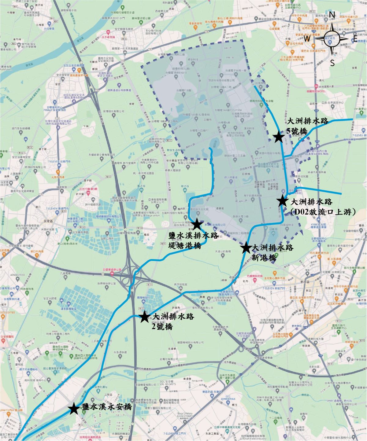 臺南園區環境影響評估地面水體水質監測位置圖