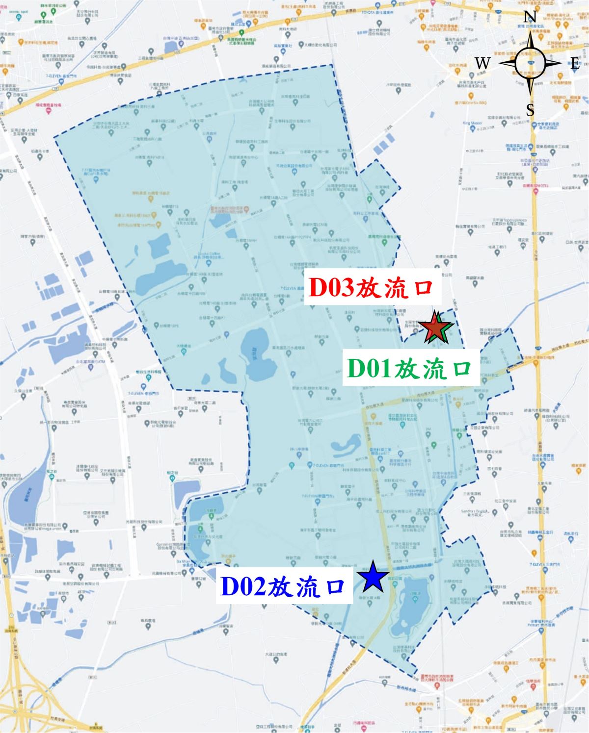 臺南園區環境影響評估污水廠放流水質相關監測位置圖