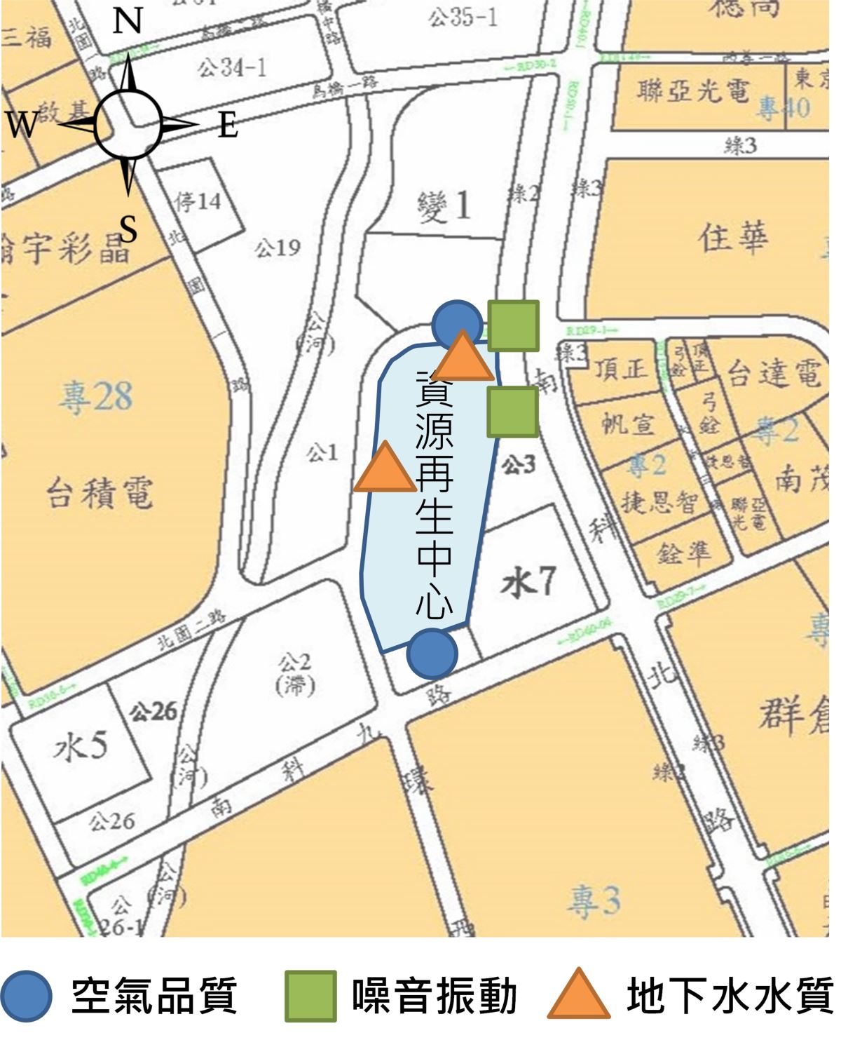 臺南園區環境影響評估資源再生中心相關監測位置圖